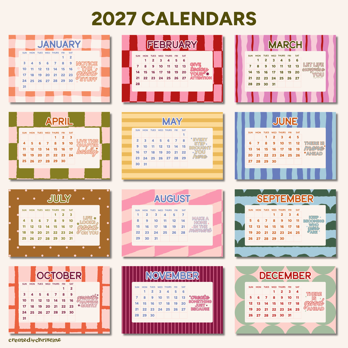A 12-month calendar grid titled '2027 CALENDARS' showing monthly calendar pages arranged in a 3x4 layout. Each month has a different colorful border and header design, including pink, red, blue, green, orange, yellow, and purple tones.