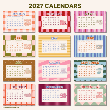 A 12-month calendar grid titled '2027 CALENDARS' showing monthly calendar pages arranged in a 3x4 layout. Each month has a different colorful border and header design, including pink, red, blue, green, orange, yellow, and purple tones.